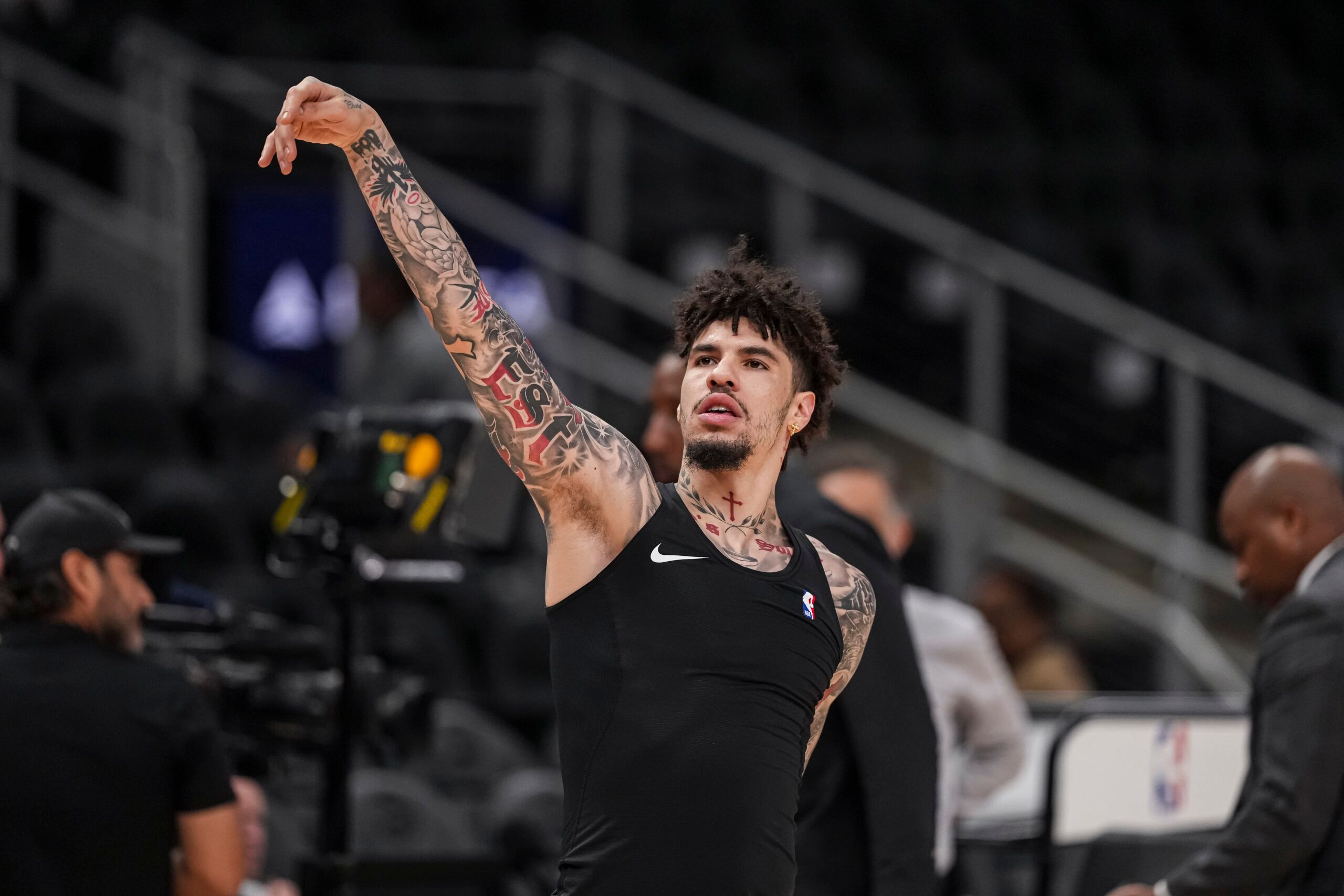 Charlotte Hornets guard LaMelo Ball (1) warms up on the court prior to the game against the Atlanta Hawks at State Farm Arena.