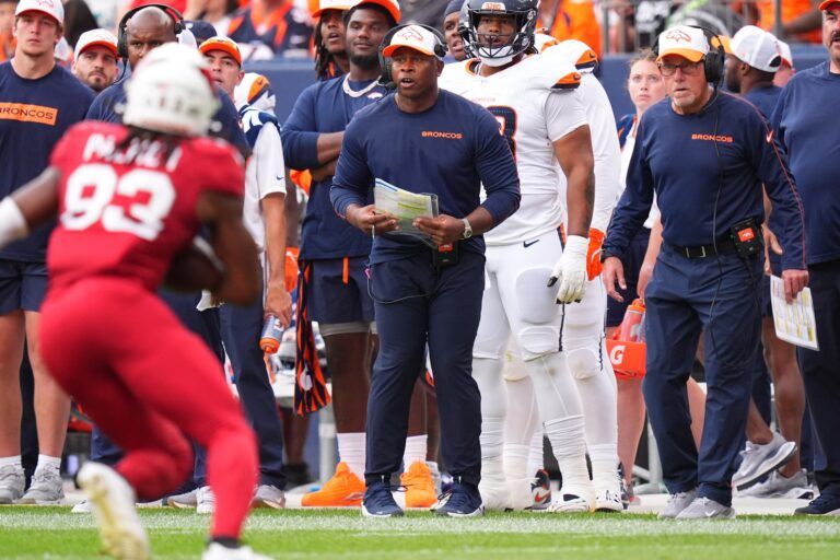 Denver Broncos defensive coordinator Vance Joseph on the sidelines in the second half against the Arizona Cardinals at Empower Field at Mile High.