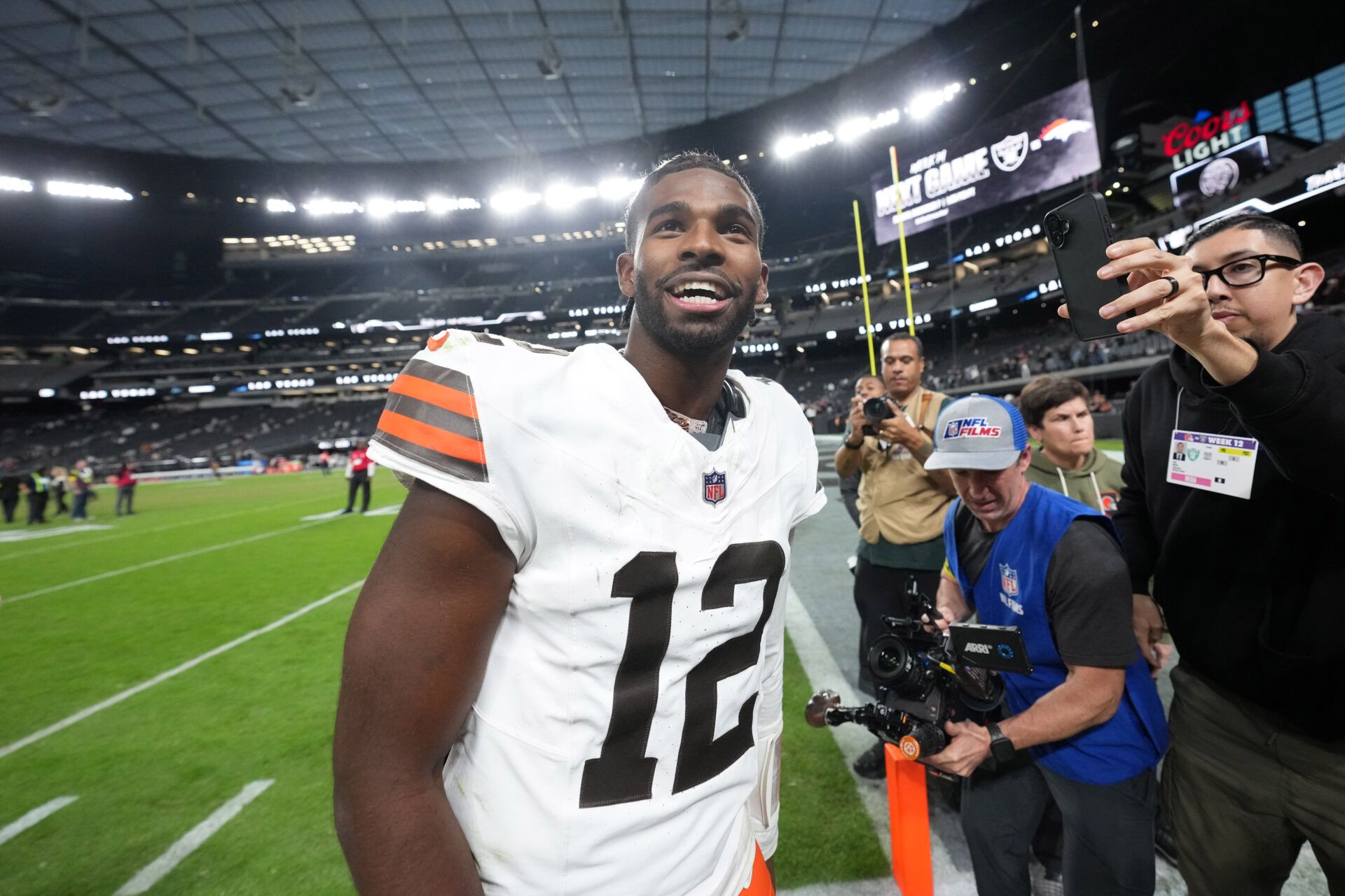 Cleveland Browns quarterback Shedeur Sanders (12) reacts at the end of the game against the Las Vegas Raiders at Allegiant Stadium.