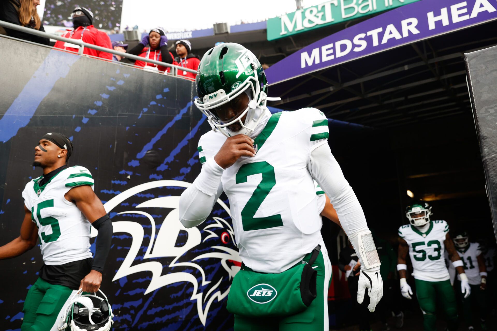 New York Jets quarterback Tyrod Taylor (2) takes the field before the game against the Baltimore Ravens at M&T Bank Stadium.