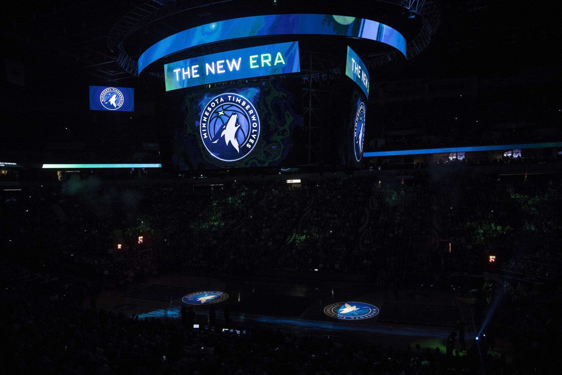 The Minnesota Timberwolves reveal their new logo in a game against the Oklahoma City Thunder at Target Center.