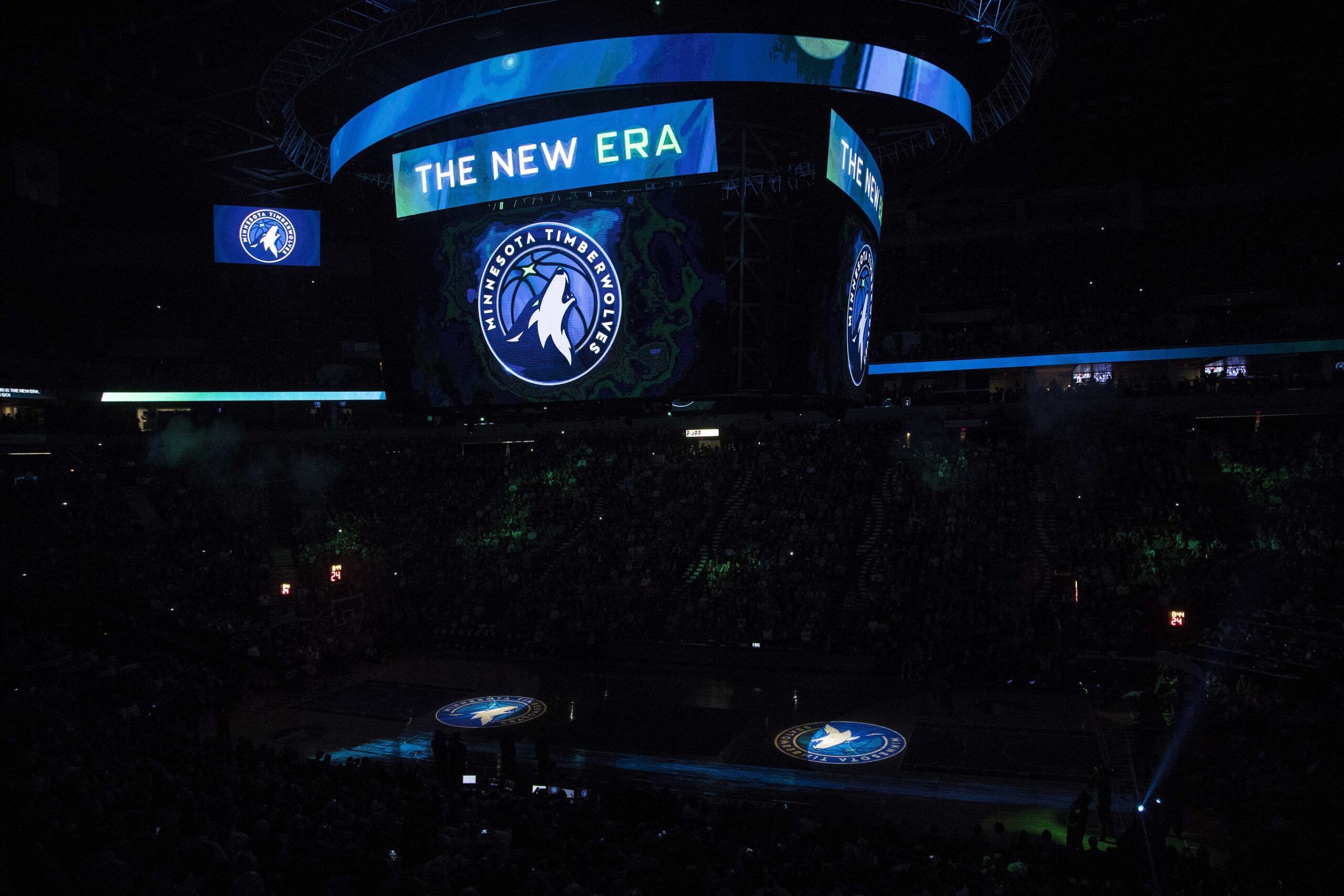 The Minnesota Timberwolves reveal their new logo in a game against the Oklahoma City Thunder at Target Center.