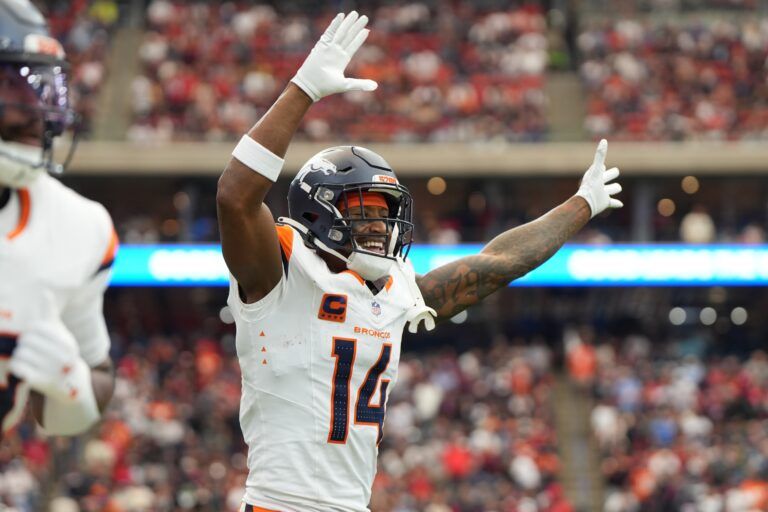 Denver Broncos wide receiver Courtland Sutton (14) celebrates after a play during the first half against the Houston Texans at NRG Stadium.