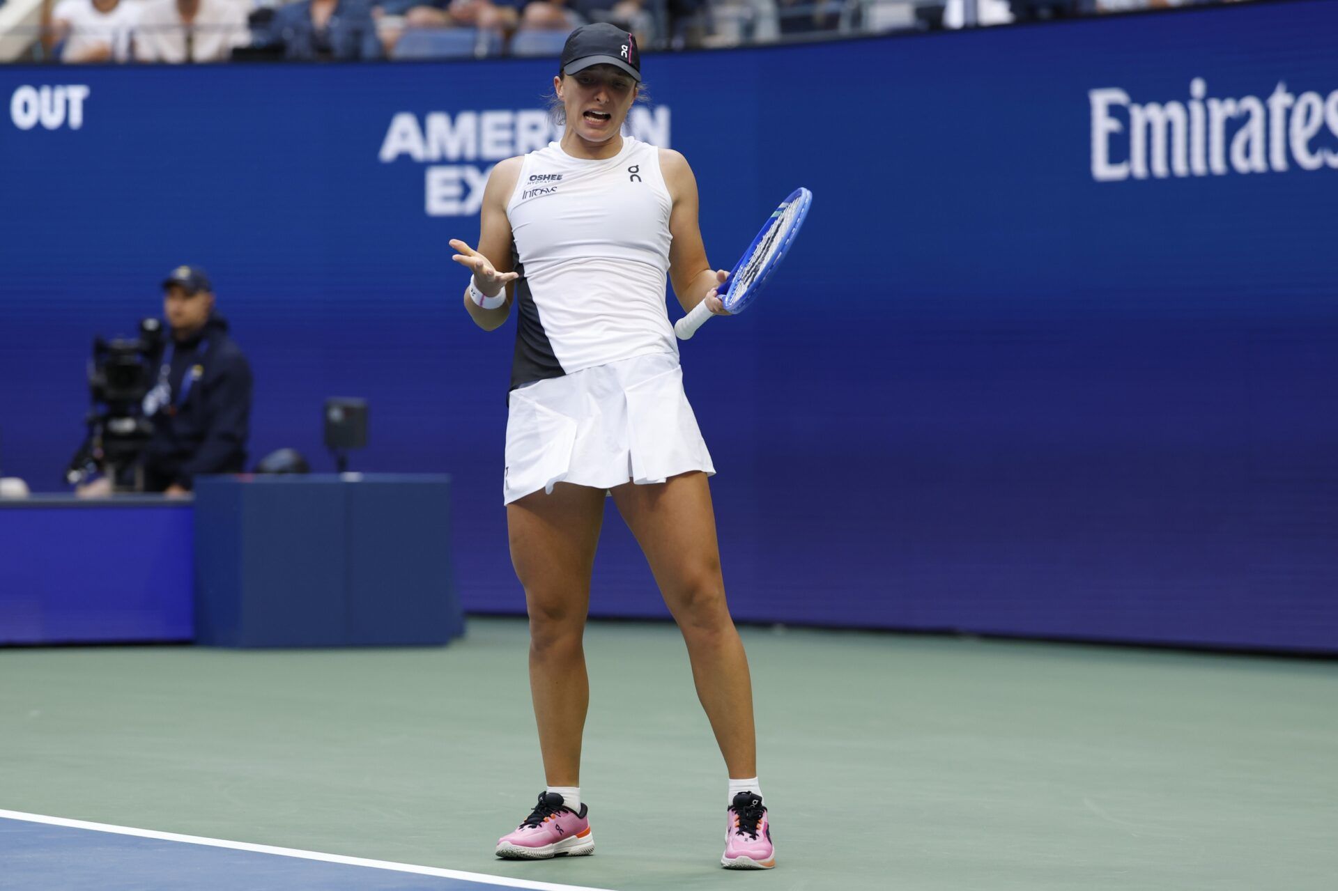 Iga Swiatek (POL) gestures after missing a shot against Amanda Anisimova (USA) (not pictured) on day eleven of the 2025 US Open tennis championships at USTA Billie Jean King National Tennis Center.