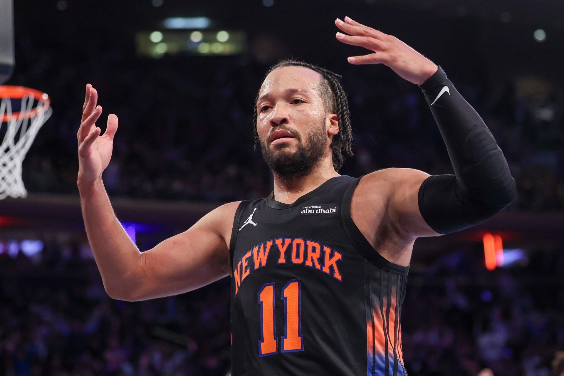 New York Knicks guard Jalen Brunson (11) reacts during the second half against the Milwaukee Bucks at Madison Square Garden.