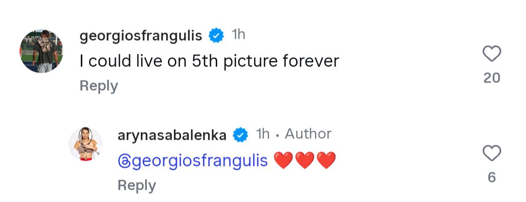 Aryna Sabalenka and her boyfriend Georgios Frangulis' comments on Instagram