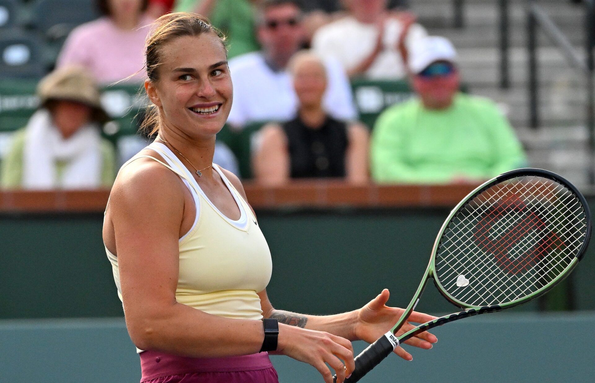 Aryna Sabalenka smiles at the crowd after she defeated Maria Sakkari (GRE) in the semi finals of the BNP Paribas Open at the Indian Wells Tennis Garden.