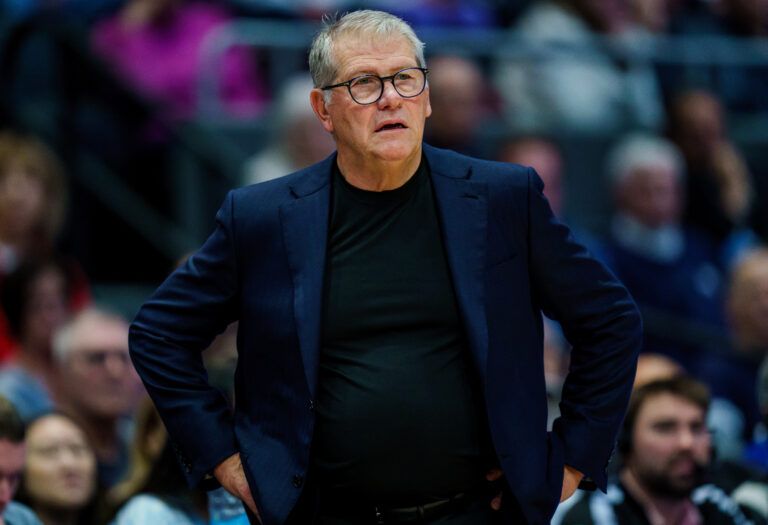 UConn Huskies head coach Geno Auriemma watches from the sideline as they take on the Ohio State Buckeyes at Peoples Bank Arena.