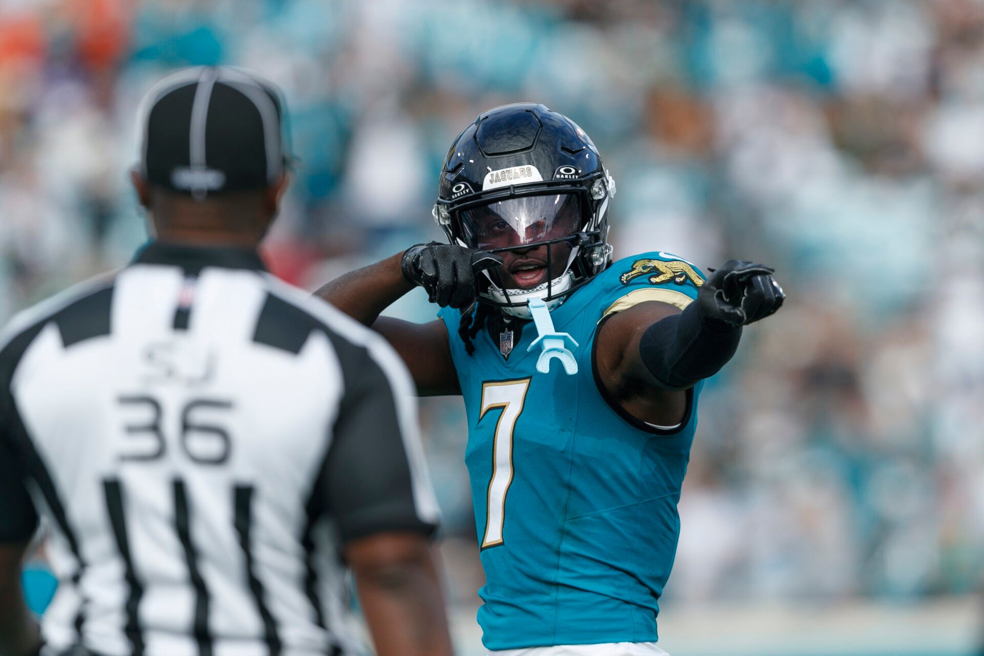 Jacksonville Jaguars wide receiver Brian Thomas Jr. (7) motions for first down against the New York Jets during the third quarter  at EverBank Stadium.