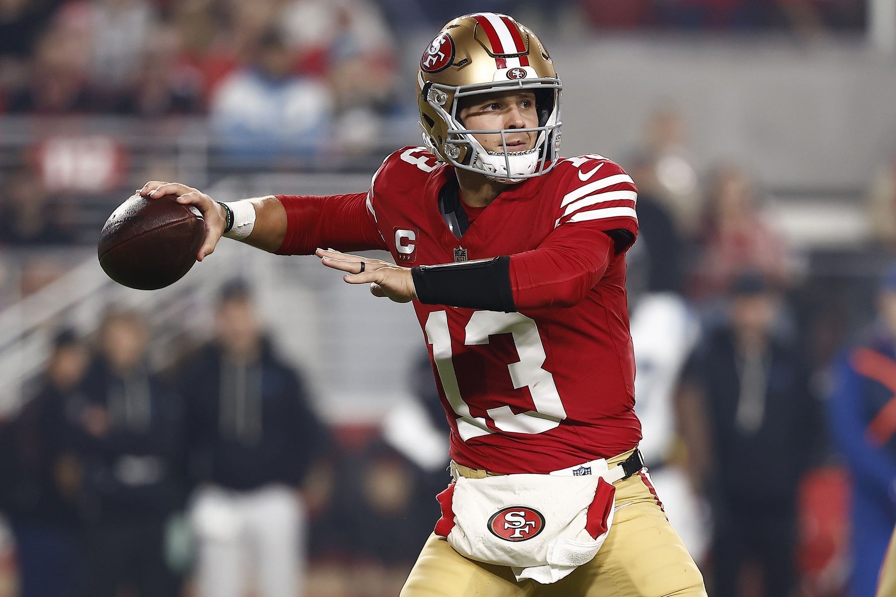 San Francisco 49ers quarterback Brock Purdy (13) drops back to pass against the Carolina Panthers during the first half at Levi's Stadium.