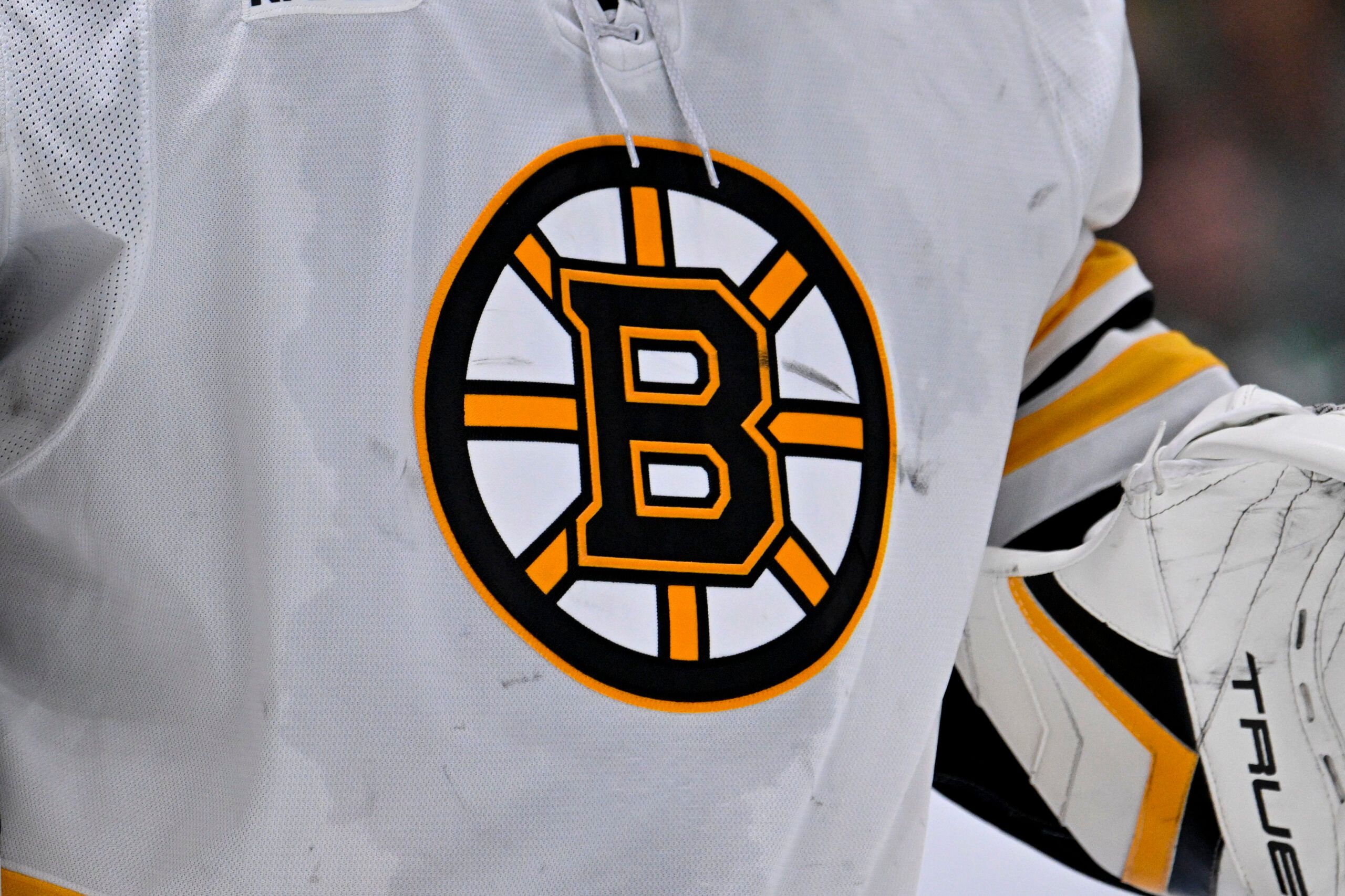A view of the Bruins logo on the jersey of Boston Bruins goaltender Jeremy Swayman (1) during the game between the Dallas Stars and the Boston Bruins at the American Airlines Center.