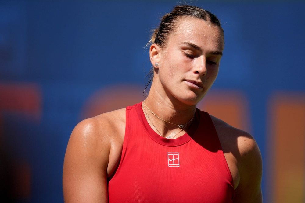 Aryna Sabalenka reacts during her loss to Mirra Andreeva in the women's championship match of the BNP Paribas Open at the Indian Wells Tennis Garden in Indian Wells, Calif., on Sunday, March 16, 2025.