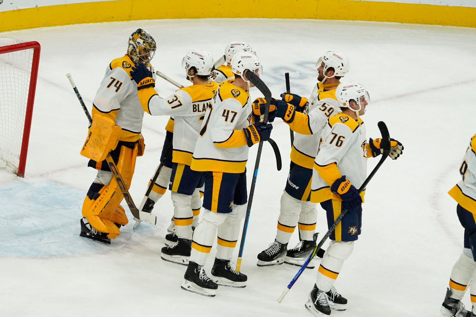 The Nashville Predators celebrate the win against the Chicago Blackhawks at United Center.