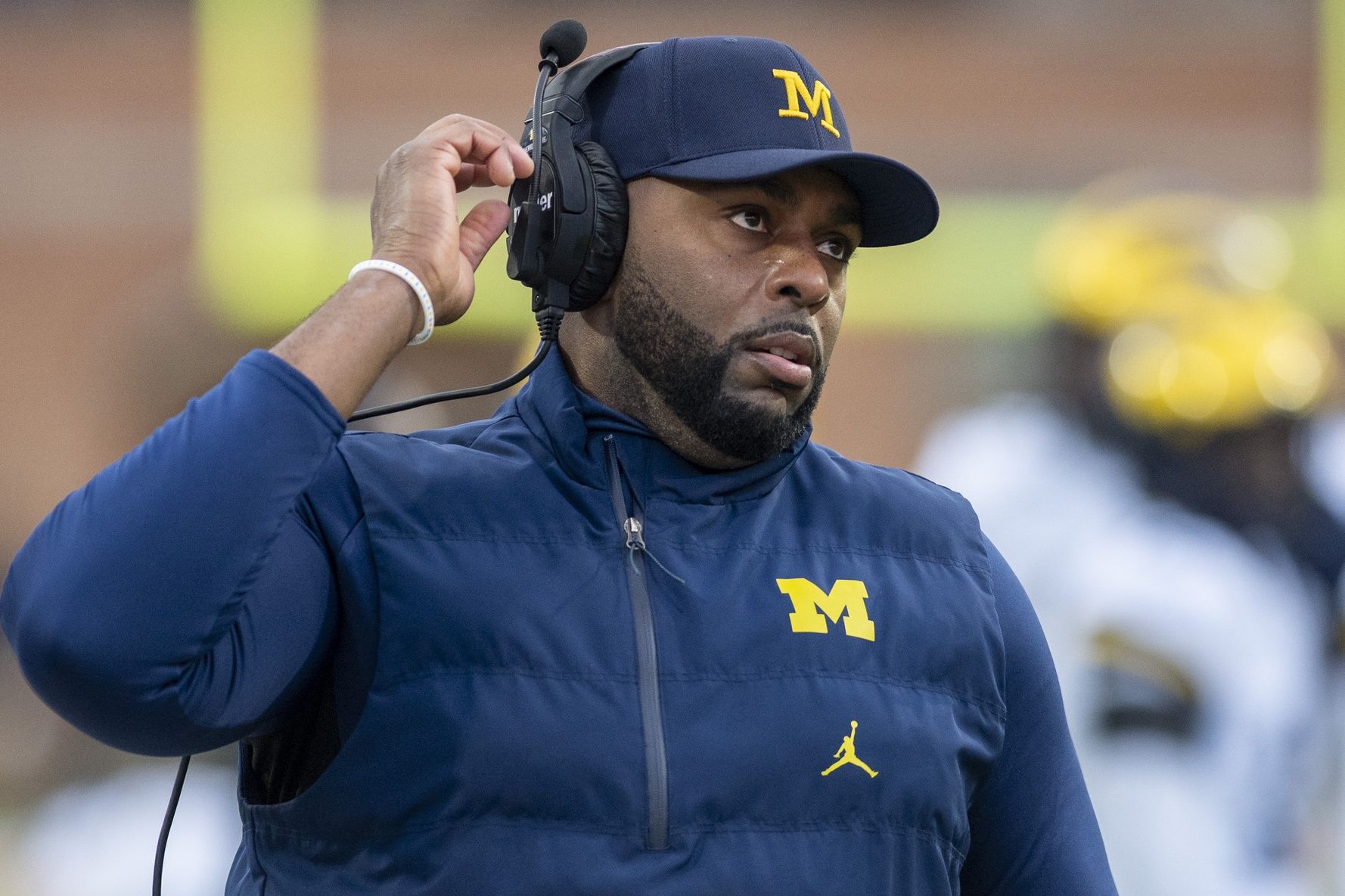 Michigan Wolverines head coach Sherrone Moore on the sidelines during the first quarter against the Maryland Terrapins  at SECU Stadium.