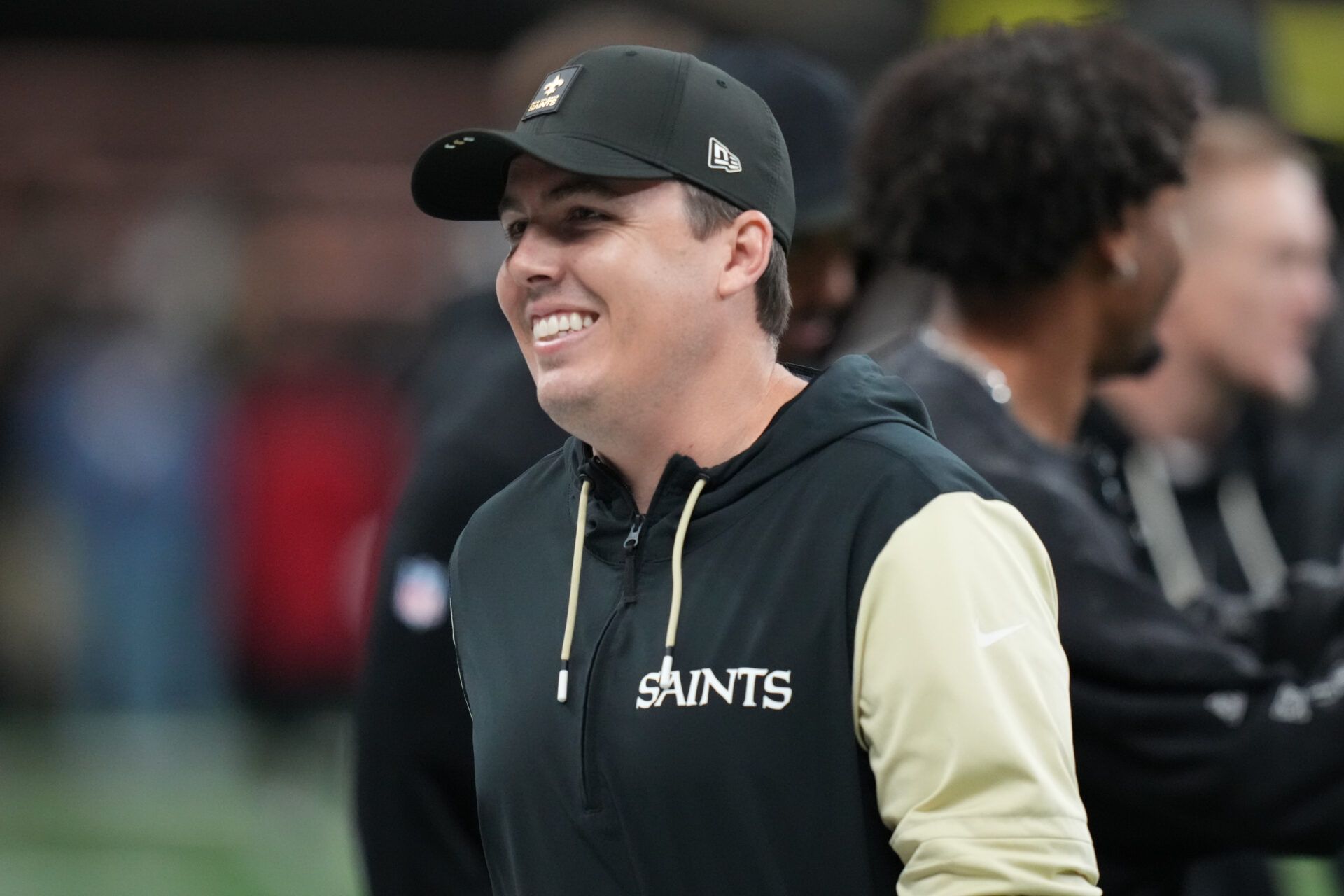 New Orleans Saints head coach Kellen Moore on the field prior to a game against the Atlanta Falcons at Caesars Superdome.