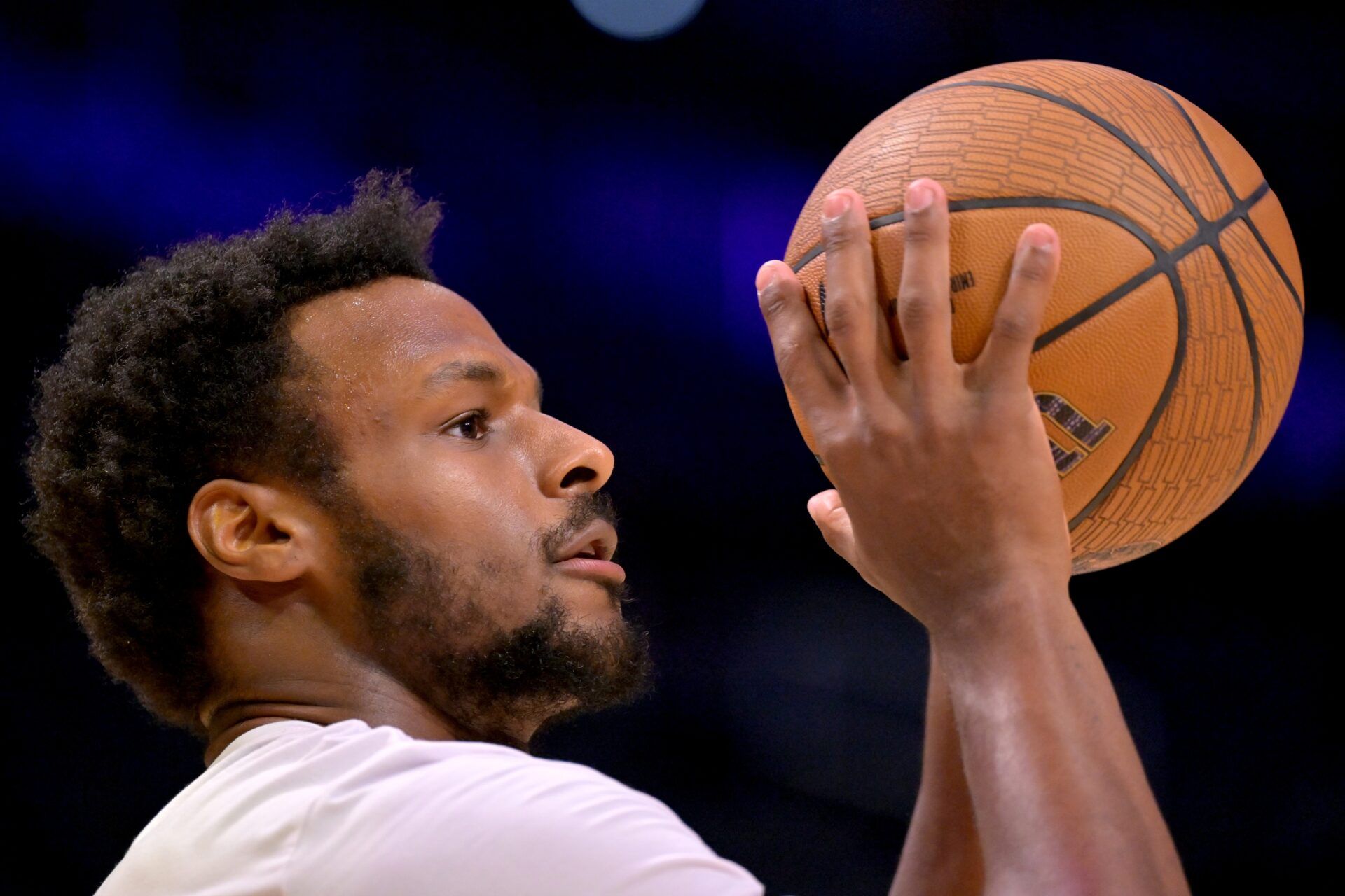 Los Angeles Lakers guard Bronny James (9) warms up prior to the game against the Dallas Mavericks at Crypto.com Arena.