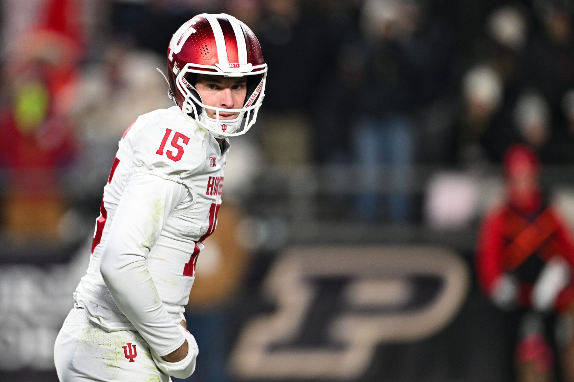 Indiana Hoosiers quarterback Fernando Mendoza (15) looks on during the third quarter against the Purdue Boilermakers at Ross-Ade Stadium.