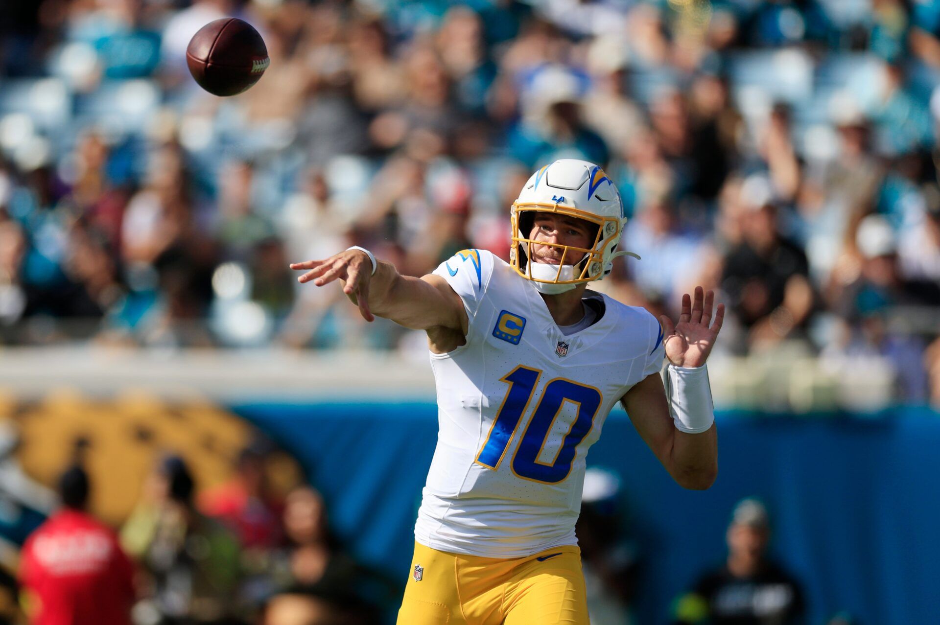Los Angeles Chargers quarterback Justin Herbert (10) throws the ball during the first quarter of an NFL football game at EverBank Stadium, Sunday, Nov. 16, 2025 in Jacksonville, Fla. [Corey Perrine/Florida Times-Union]