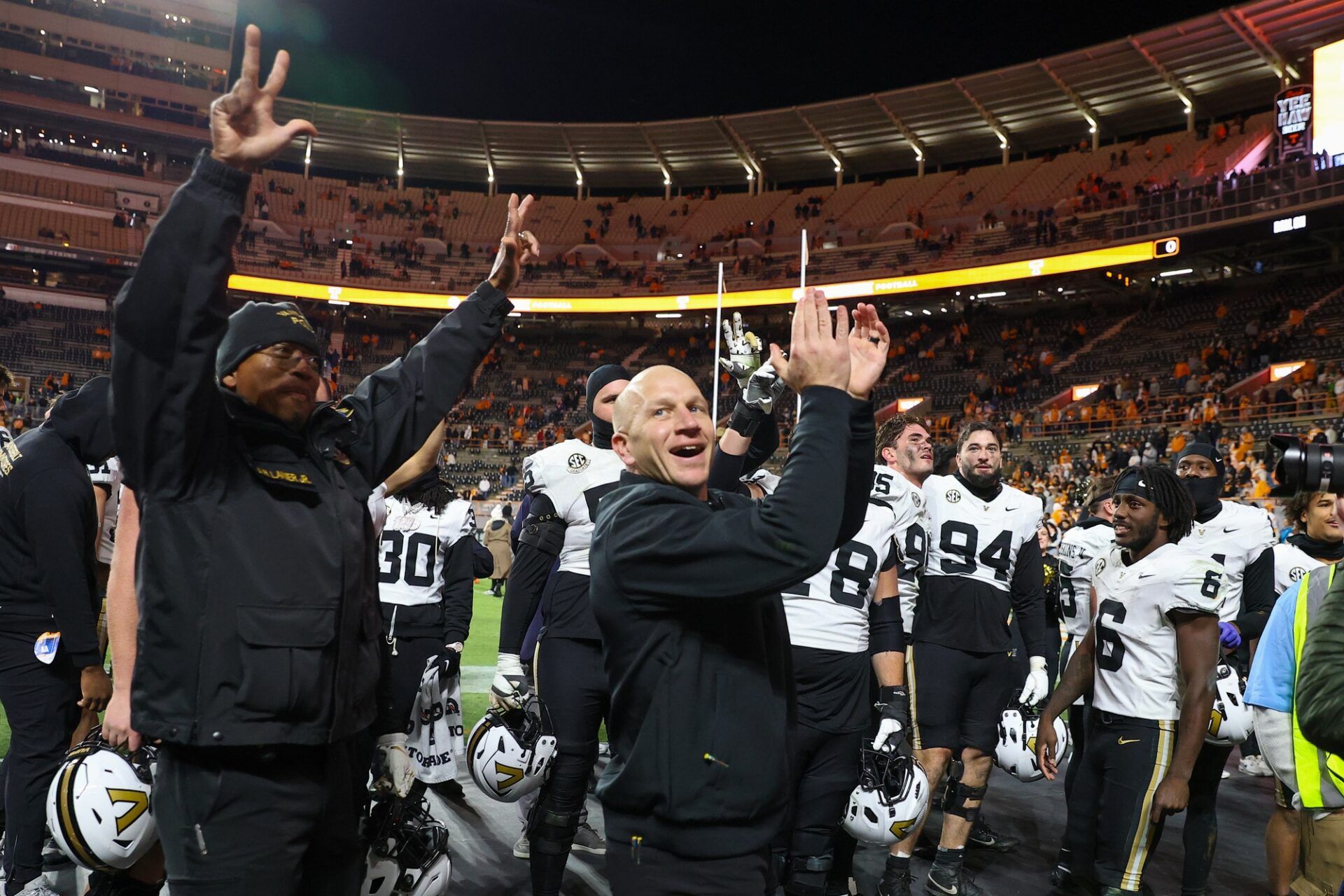 Vanderbilt Commodores head coach Clark Lea celebrates with his team after a game against the Tennessee Volunteers at Neyland Stadium.