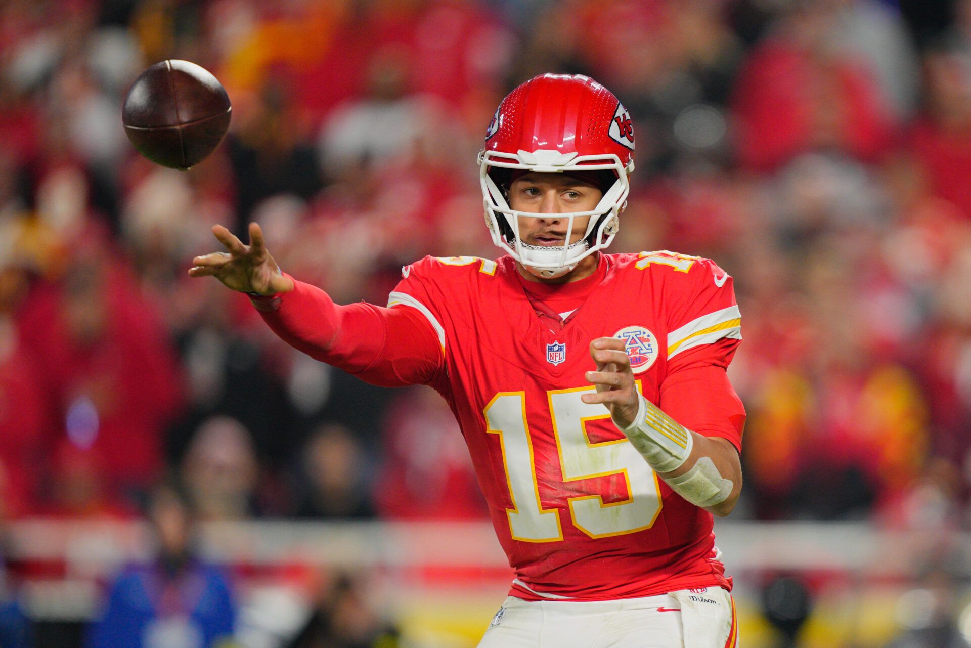 Kansas City Chiefs quarterback Patrick Mahomes (15) passes the ball against the Washington Commanders during the third quarter of the game at GEHA Field at Arrowhead Stadium.