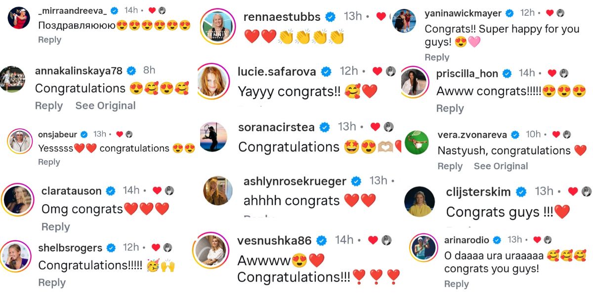 Screen grab of players' reactions to Anastasia Pavlyuchenkova getting engaged to boyfriend Mathias