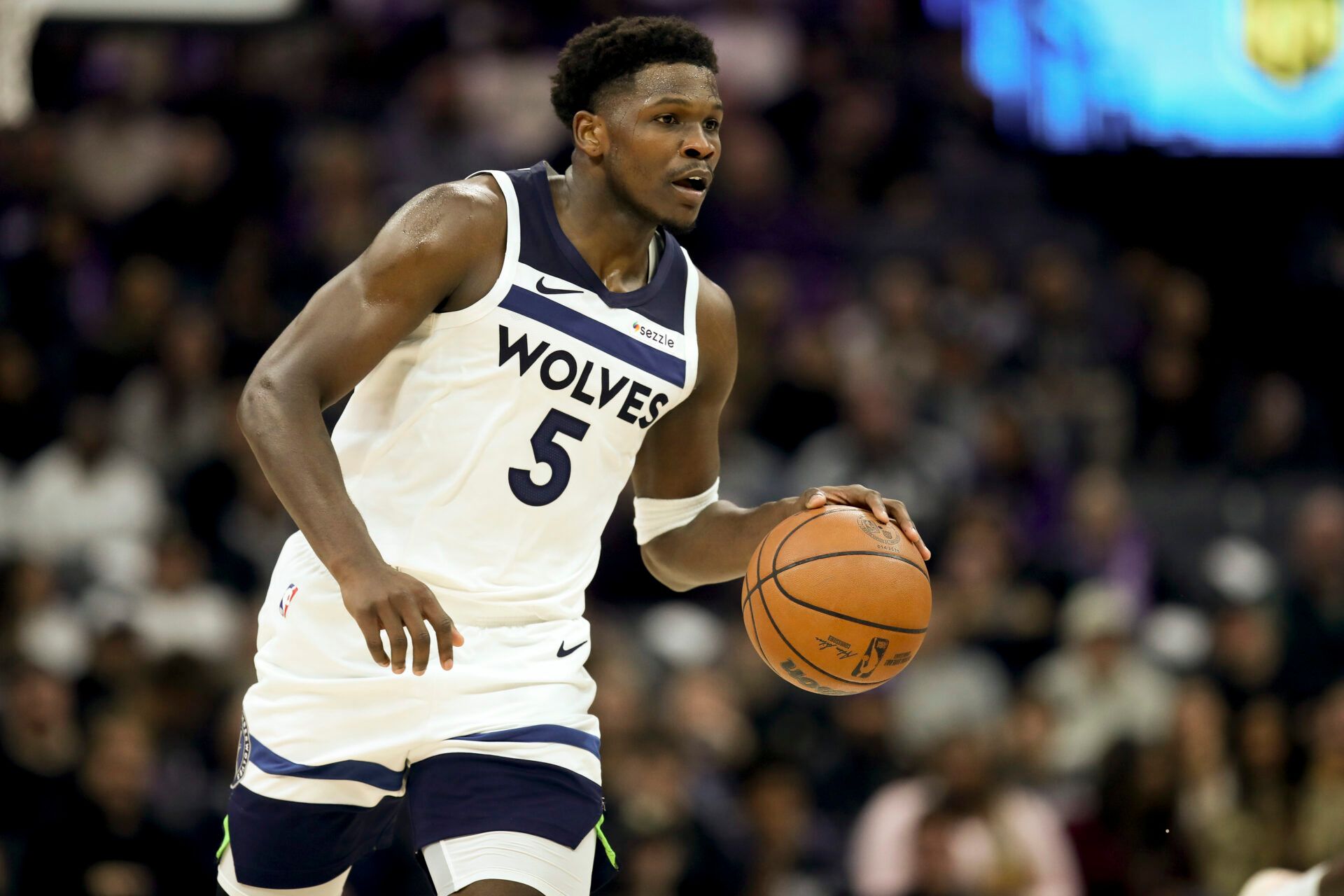 Minnesota Timberwolves guard Anthony Edwards (5) dribbles the ball against the Sacramento Kings during the third quarter at Golden 1 Center.