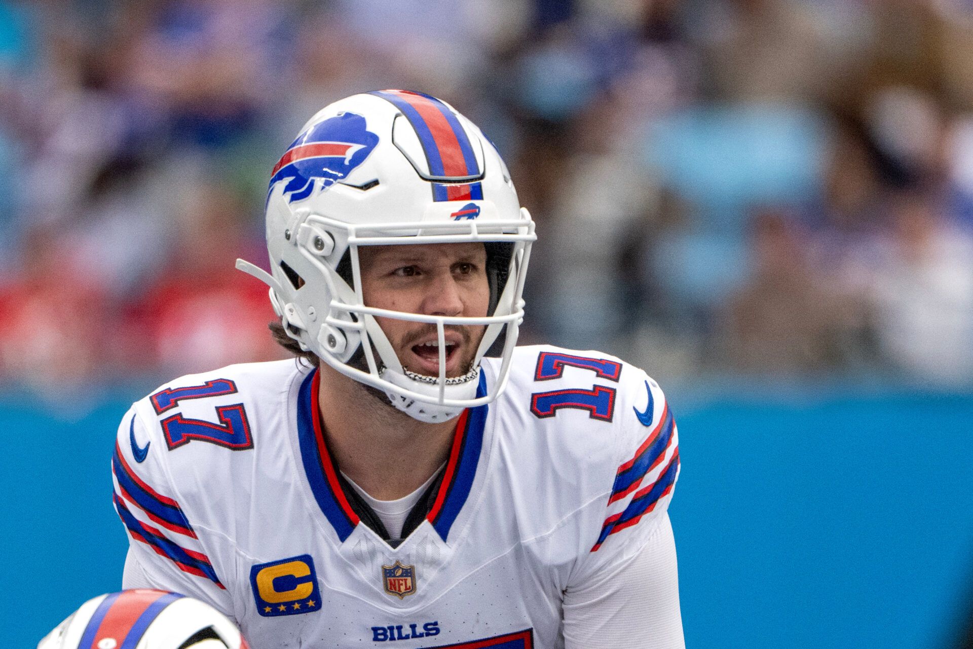 Buffalo Bills quarterback Josh Allen (17) at the line of scrimmage in the third quarter at Bank of America Stadium.