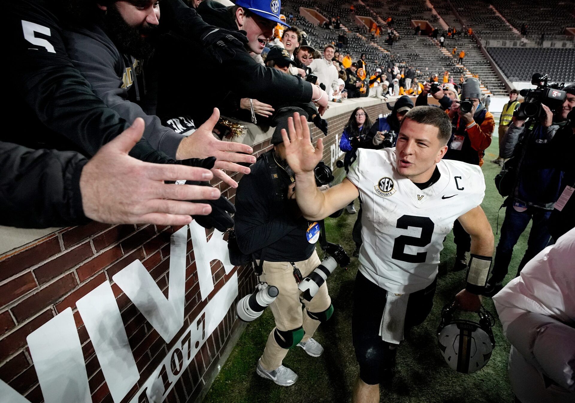 Vanderbilt quarterback Diego Pavia (2) celebrates with fans after the team’s win against Tennessee at Neyland Stadium in Knoxville, Tenn., Saturday, Nov. 29, 2025.