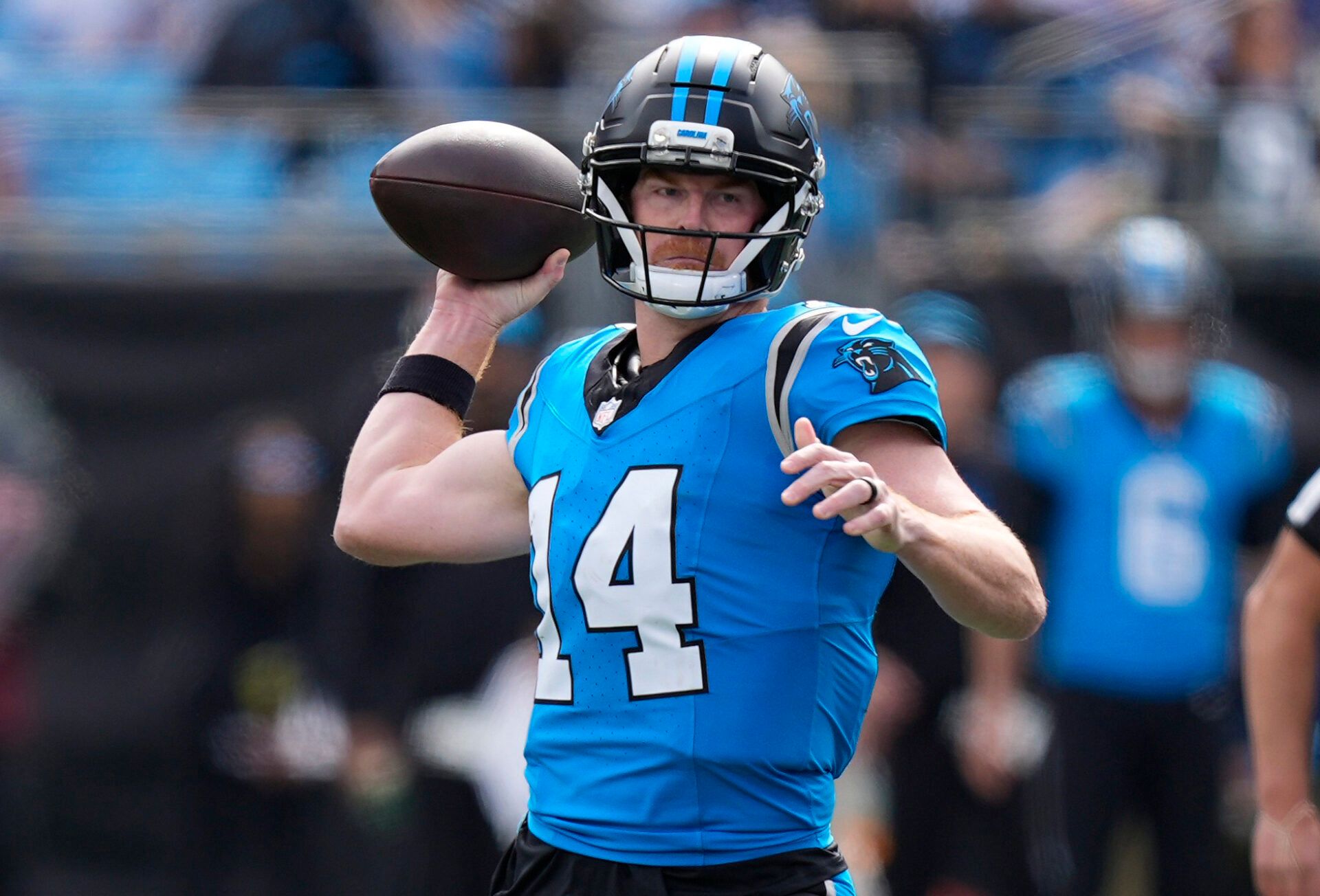 Carolina Panthers quarterback Andy Dalton (14) throws during the first half against the Buffalo Bills at Bank of America Stadium.