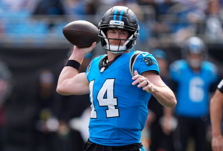 Carolina Panthers quarterback Andy Dalton (14) throws during the first half against the Buffalo Bills at Bank of America Stadium.