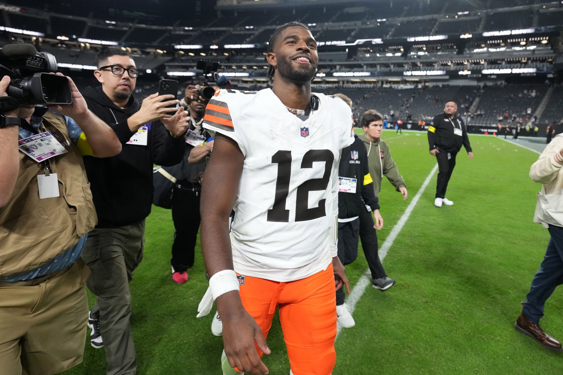 Cleveland Browns quarterback Shedeur Sanders (12) reacts at the end of the game against the Las Vegas Raiders at Allegiant Stadium.