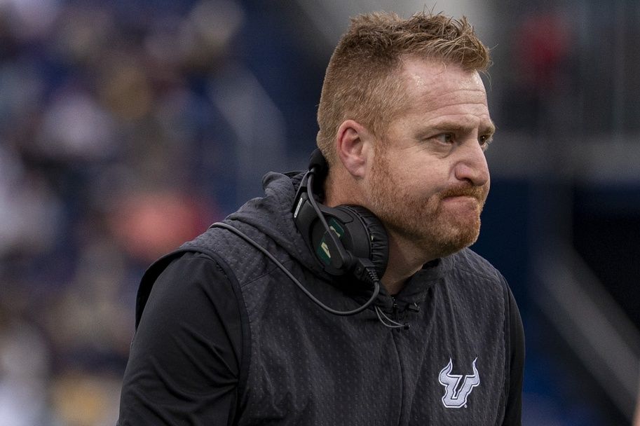 South Florida Bulls head coach Alex Golesh looks on the field during the second half against the Navy Midshipmen at Navy-Marine Corps Memorial Stadium. Navy Midshipmen defeated South Florida Bulls 41-28.