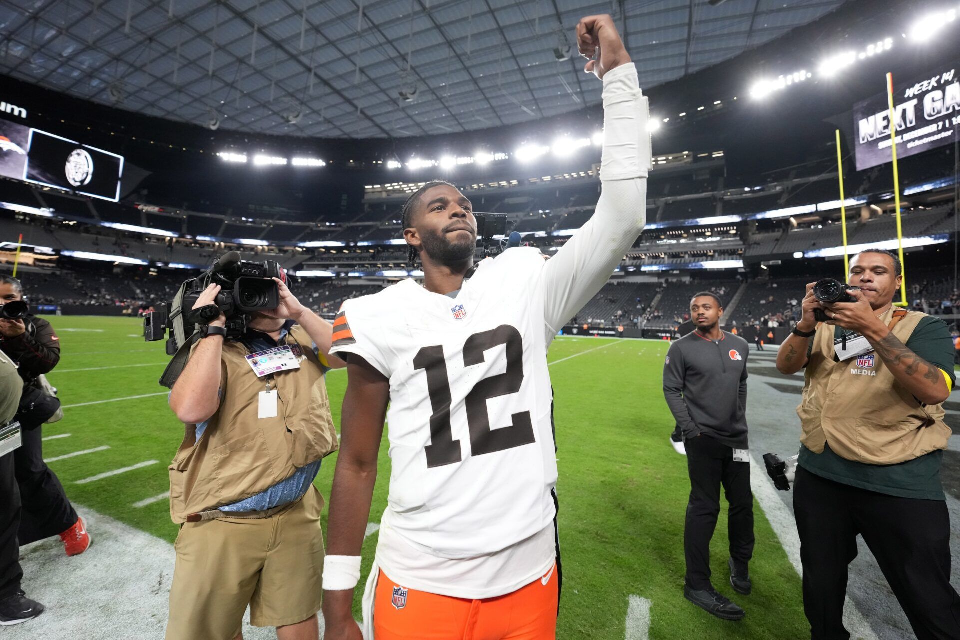 Cleveland Browns quarterback Shedeur Sanders (12) reacts at the end of the game against the Las Vegas Raiders at Allegiant Stadium.