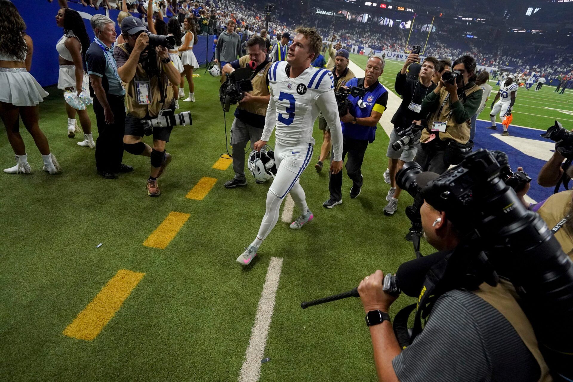 Indianapolis Colts place kicker Spencer Shrader (3) leaves the field Sunday, Sept. 14, 2025, after winning a game against the Denver Broncos at Lucas Oil Stadium in Indianapolis.