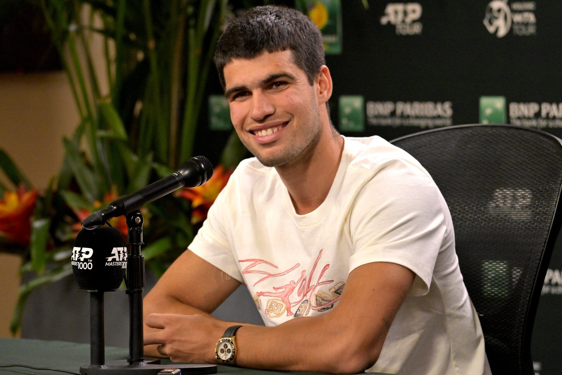 Carlos Alcaraz (ESP) answers questions from the media during a press conference during the BNP Paribas Open at the Indian Wells Tennis Garden.