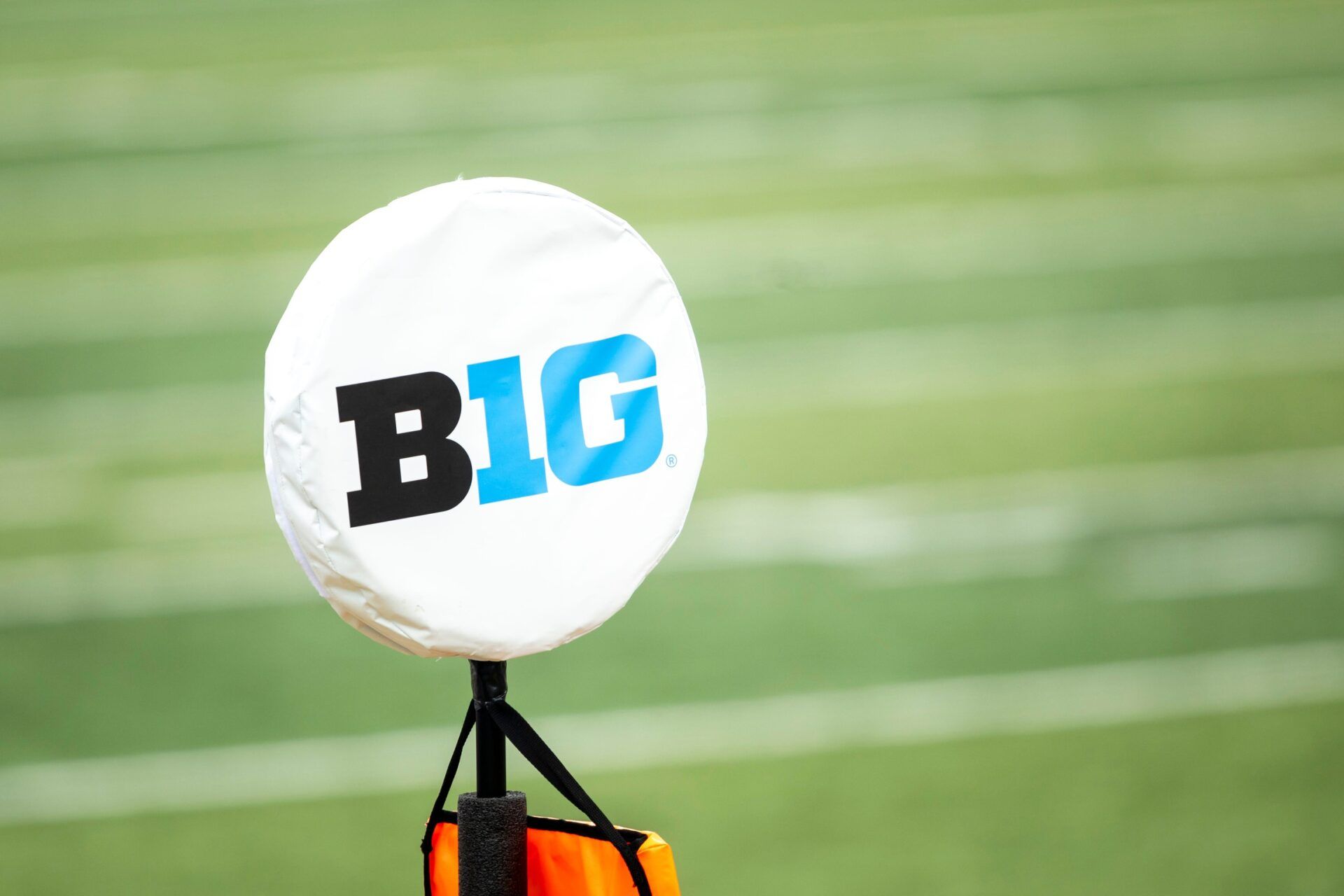 Aug 9, 2025; A detail view of a logo for the Big Ten Conference is seen during the Hawkeyes Kids Day NCAA football open practice at Kinnick Stadium in Iowa City, Iowa.