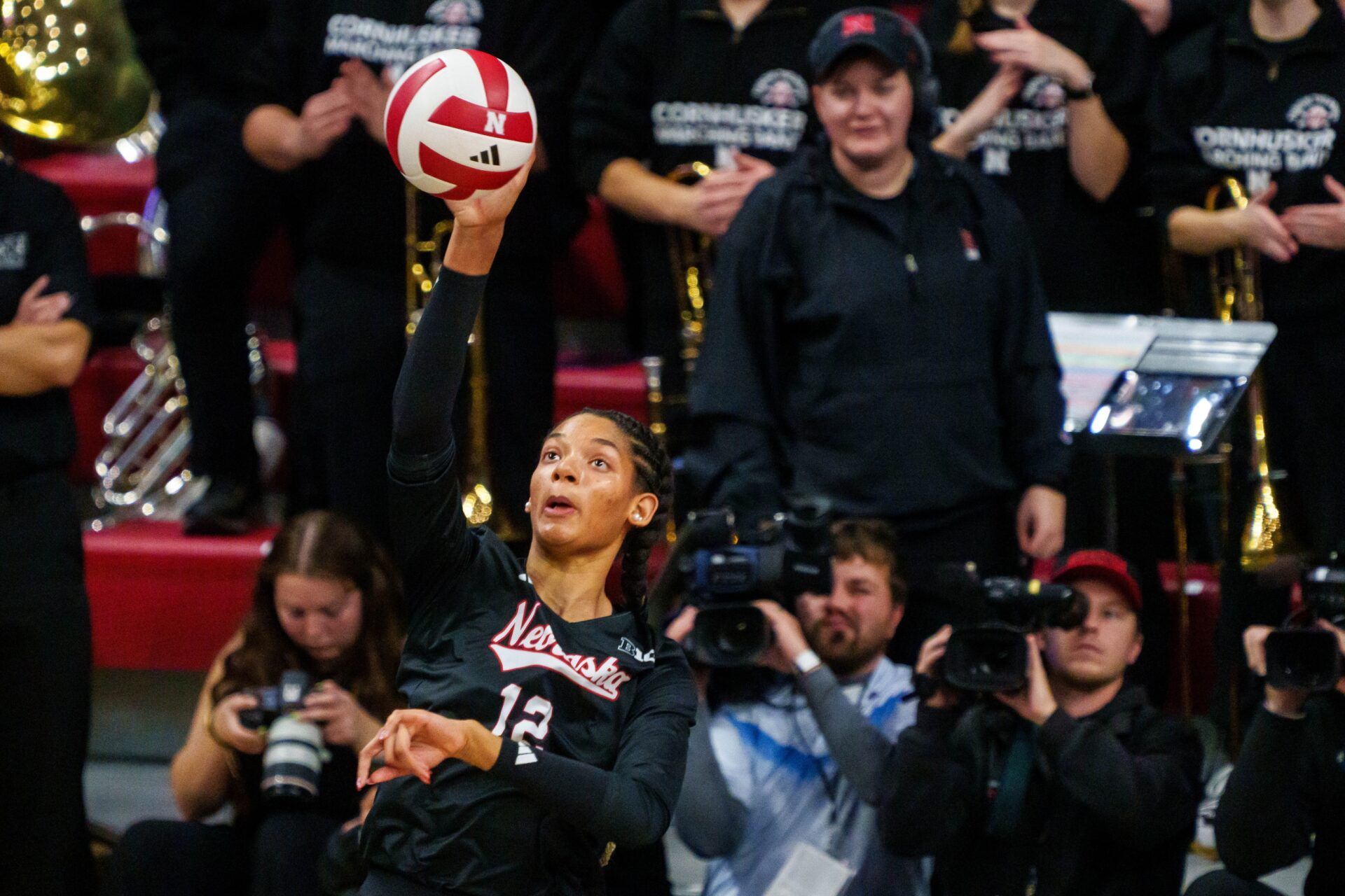 Nebraska Cornhuskers outside hitter Taylor Landfair (12) serves against the Penn State Nittany Lions during the first set at Bob Devaney Sports Center.