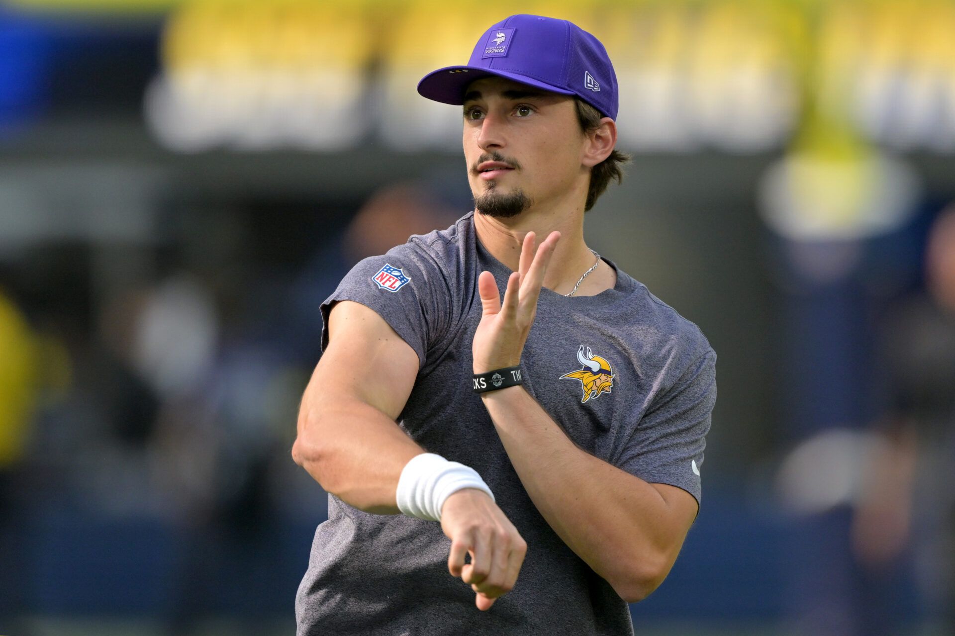 Minnesota Vikings quarterback Max Brosmer (12) warms up prior to the game against the Los Angeles Chargers at SoFi Stadium.