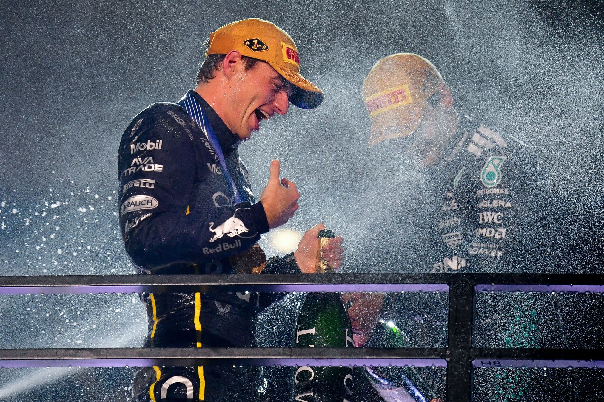 Red Bull Racing driver Max Verstappen (1) celebrates his victory of the Las Vegas Grand Prix at Las Vegas Strip Circuit.