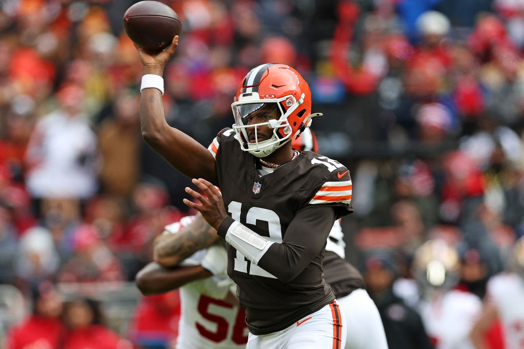 Cleveland Browns quarterback Shedeur Sanders (12) drops back to make a pass during the first half against the San Francisco 49ers at Huntington Bank Field.