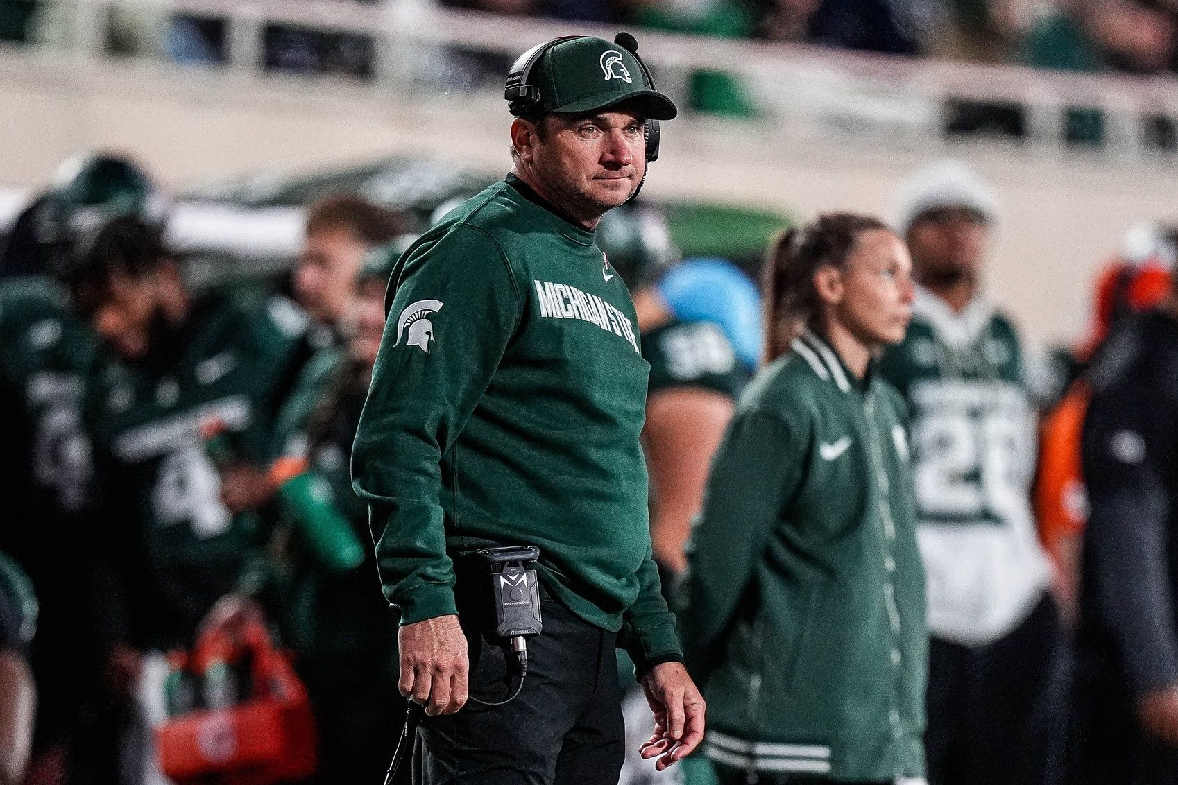 Michigan State head coach Jonathan Smith watches a play against Michigan during the second half at Spartan Stadium in East Lansing on Saturday, Oct. 25, 2025.