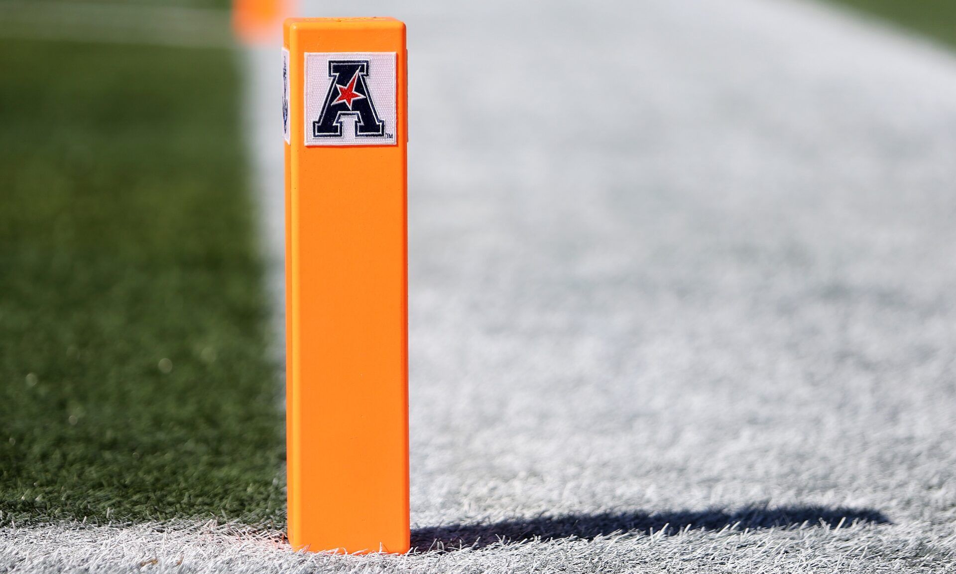 A NCAA American Athletic Conference pylon on display before a game between the Navy Midshipmen and Charlotte 49ers at Navy-Marine Corps Memorial Stadium.