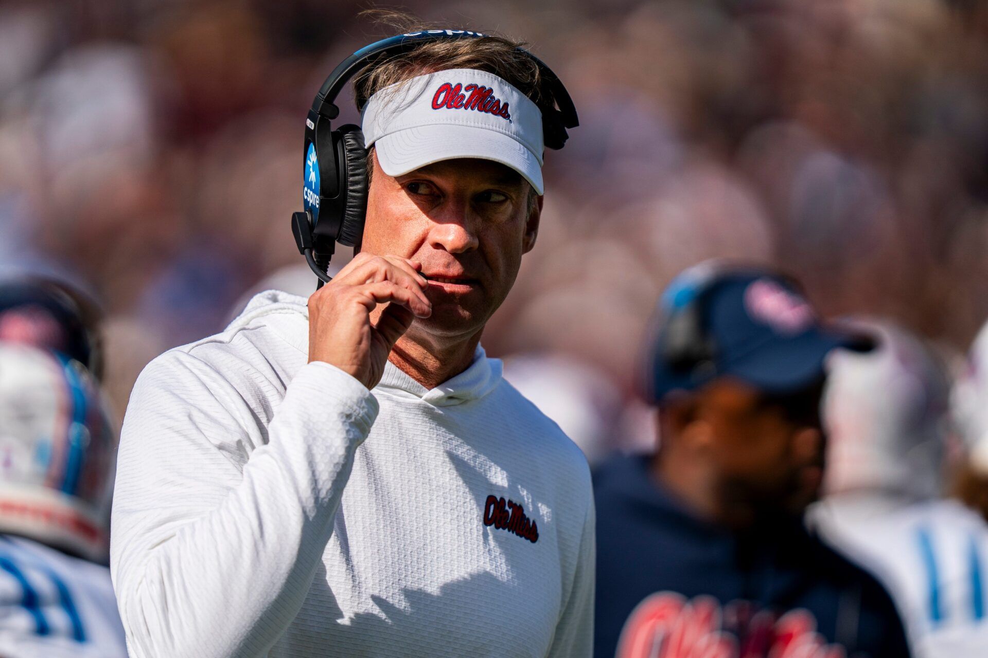 Ole Miss head coach Lane Kiffin walks off the field during a college football game between Mississippi State and Ole Miss at Davis Wade Stadium in Starkville, Miss., on Friday, Nov. 28, 2025. The Egg Bowl game marks the 122nd meeting between the two teams.