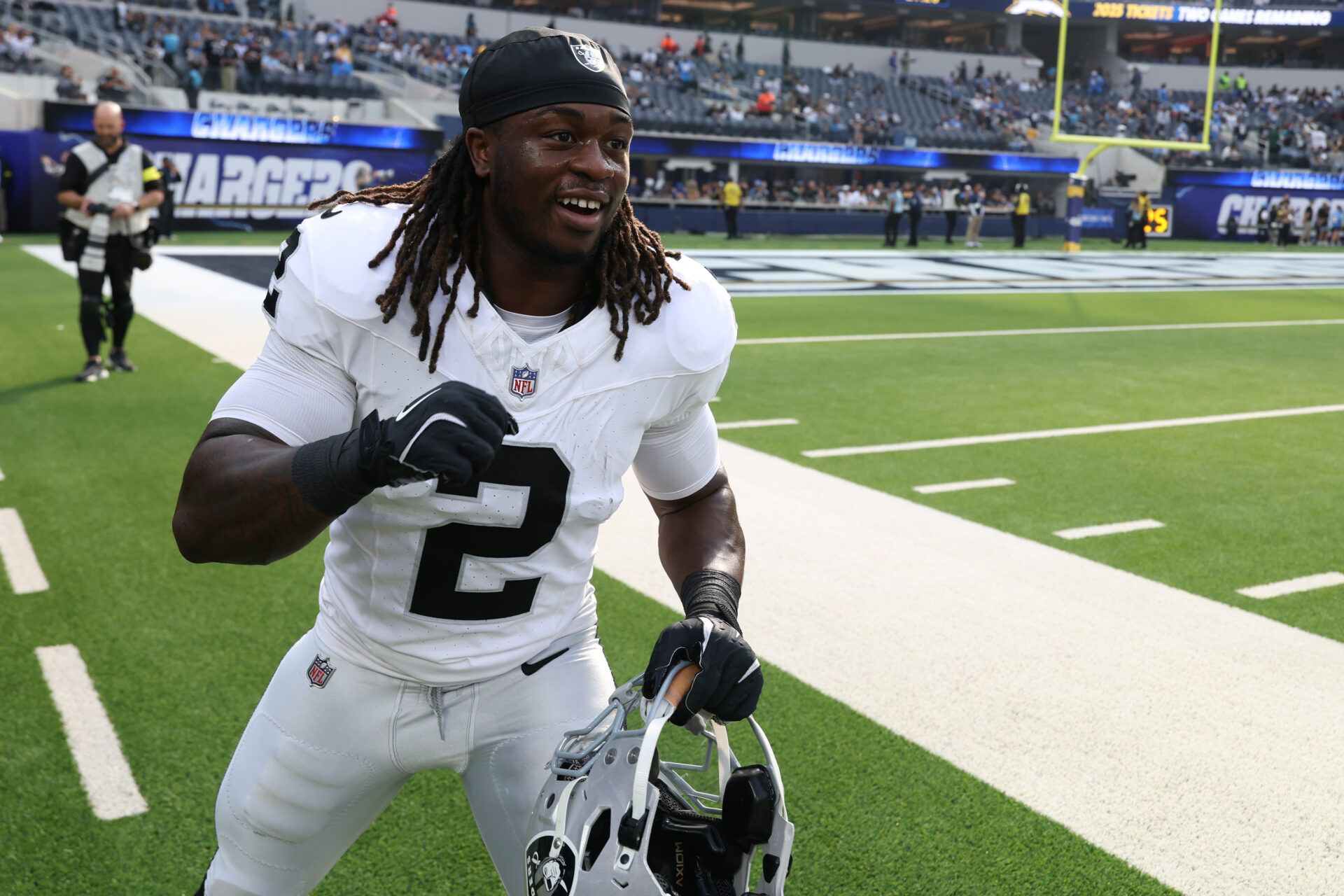 Las Vegas Raiders running back Ashton Jeanty (2) reacts before the game at SoFi Stadium.