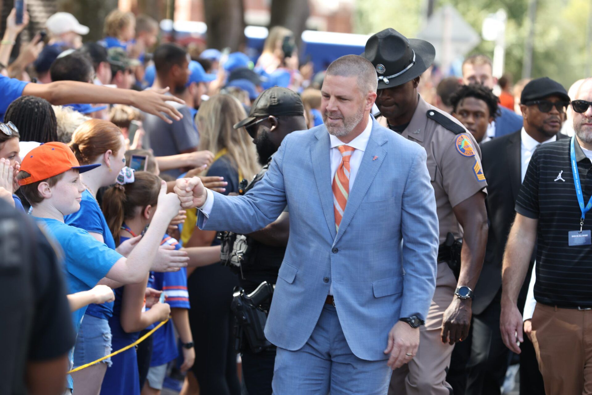 Florida head coach Billy Napier greets fans during Gator Walk before an NCAA football game against Mississippi Stateat Steve Spurrier Field at Ben Hill Griffin Stadium in Gainesville, FL on Saturday, October 18, 2025. [Alan Youngblood/Gainesville Sun]