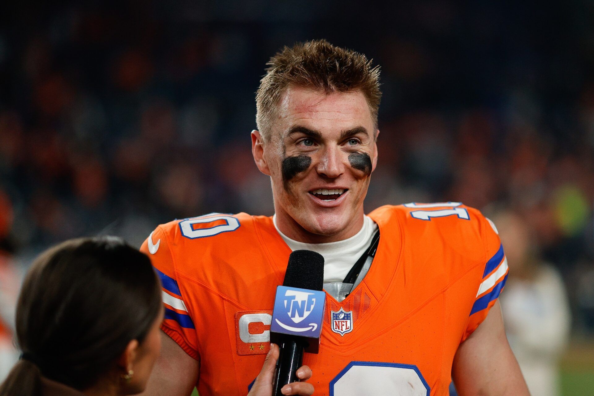Denver Broncos quarterback Bo Nix (10) after the game against the Las Vegas Raiders at Empower Field at Mile High.