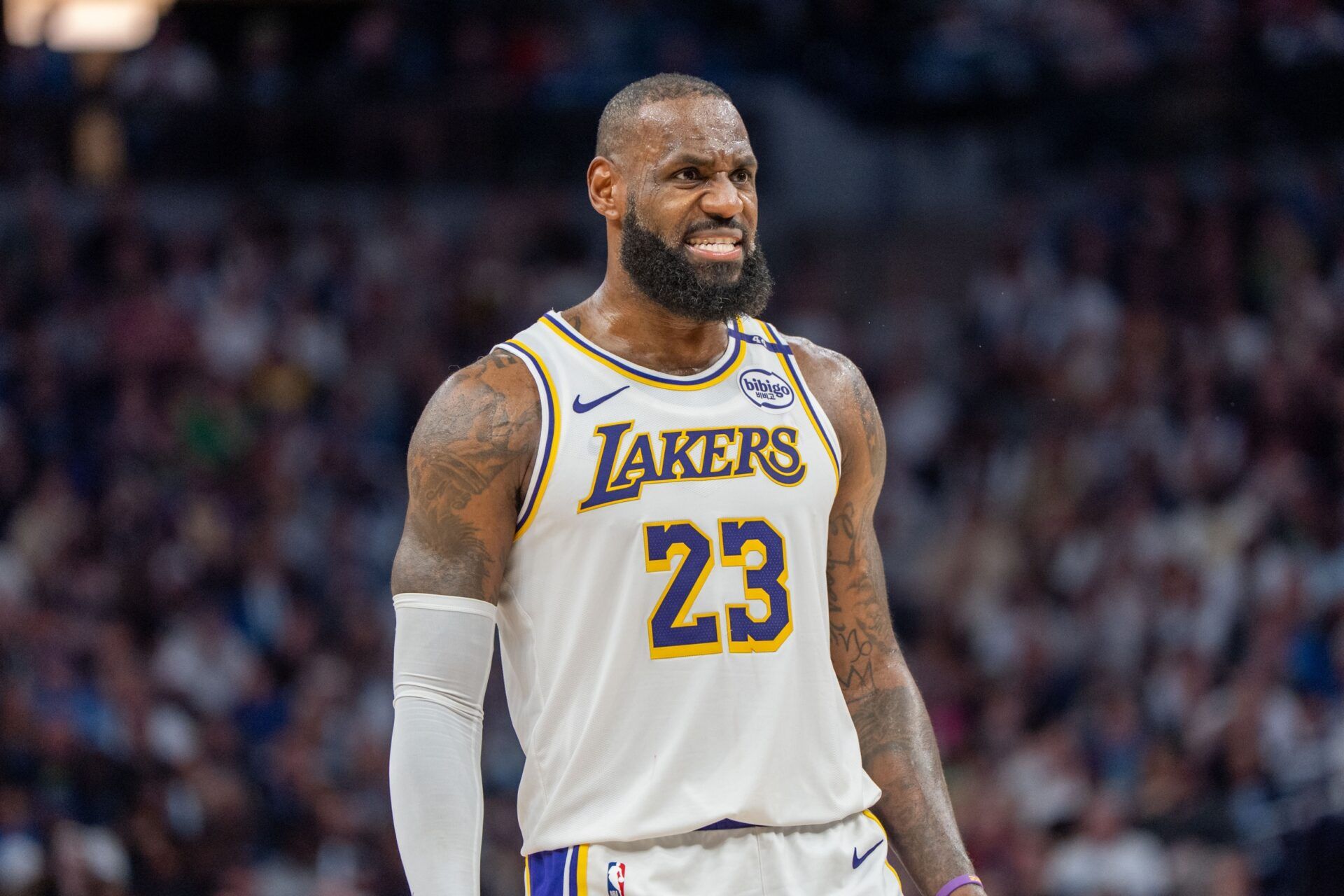 Los Angeles Lakers forward LeBron James (23) talks with a referee in the third quarter against the Minnesota Timberwolves during game four of first round for the 2025 NBA Playoffs at Target Center.