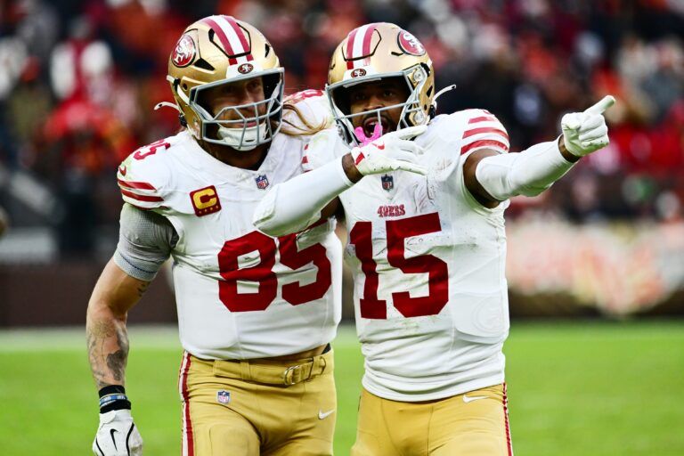 San Francisco 49ers wide receiver Jauan Jennings (15) celebrates with tight end George Kittle (85) after a first down catch against the Cleveland Browns during the fourth quarter at Huntington Bank Field.