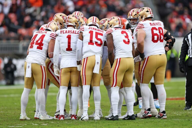 The San Francisco 49ers huddle up after the break during the second half against the Cleveland Browns at Huntington Bank Field.