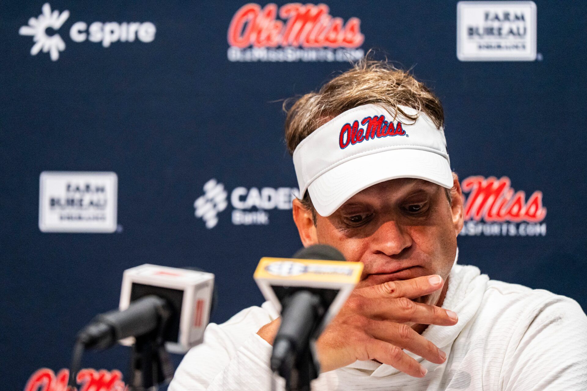 Ole Miss head coach Lane Kiffin answers questions from the press after a college football game between Mississippi State and Ole Miss at Davis Wade Stadium in Starkville, Miss., on Friday, Nov. 28, 2025. Ole Miss defeated Mississippi State 38-19 in the Egg Bowl.